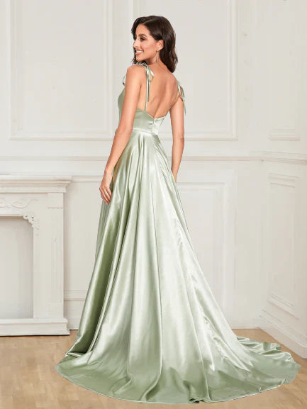 DingJiDress Sexy Satin Straps Sleeveless Split Front Prom Dress