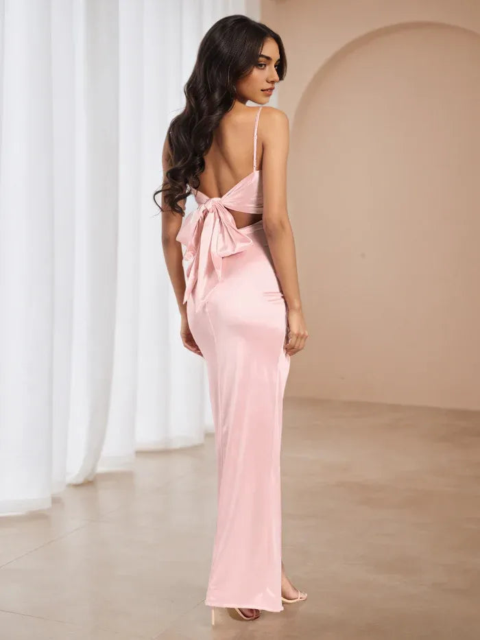 Spaghetti Straps Blush Pink Pleats Long Prom Dresses with Bowknow Back