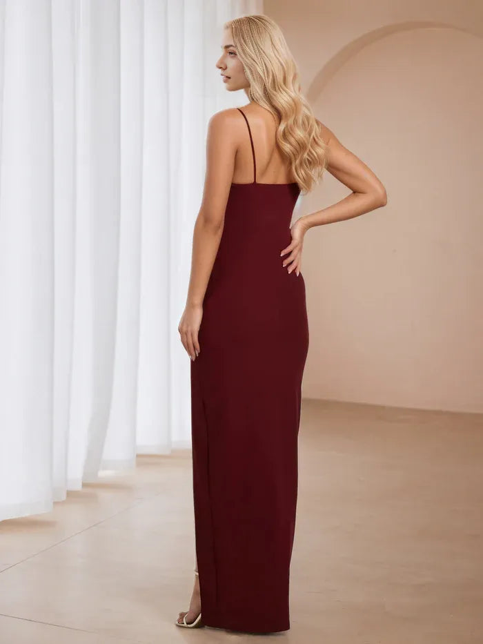 Spaghetti Straps Burgundy Long Party Dress with Split