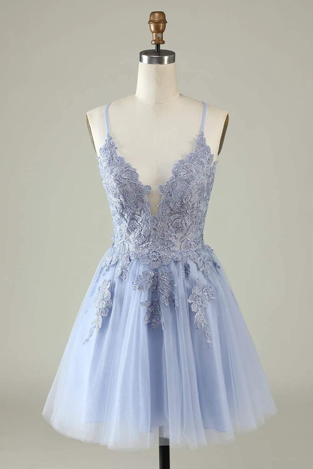 Spaghetti Straps Grey Blue Short Tulle Homecoming Dress with Appliques
