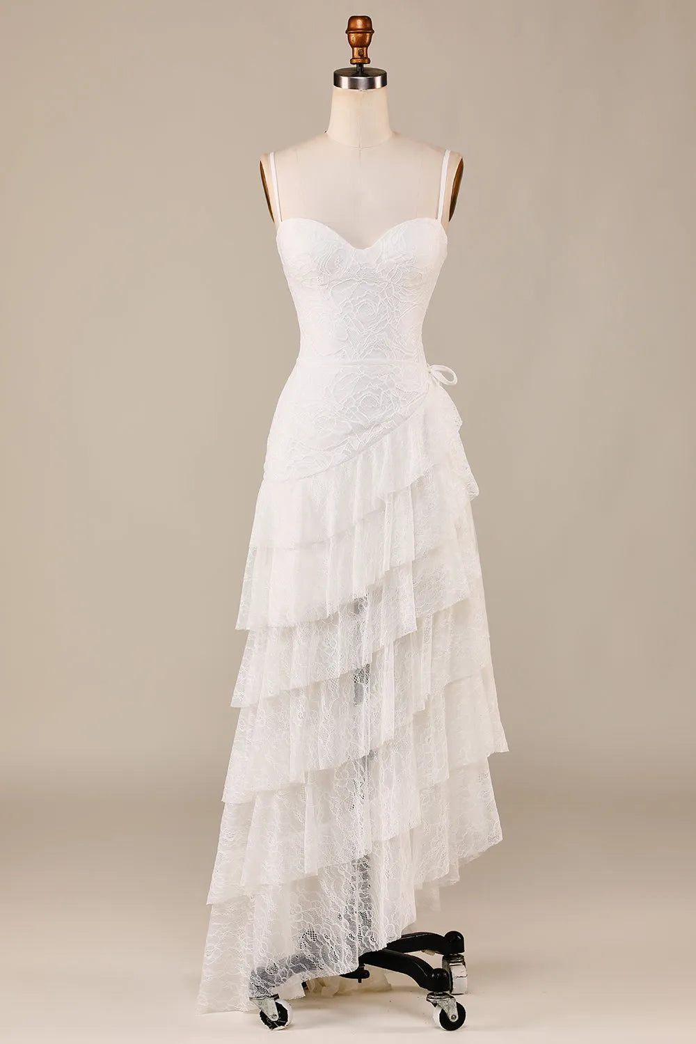 Spaghetti Straps Ivory Lace Asymmetrical Detachable Train Boho Wedding Dress