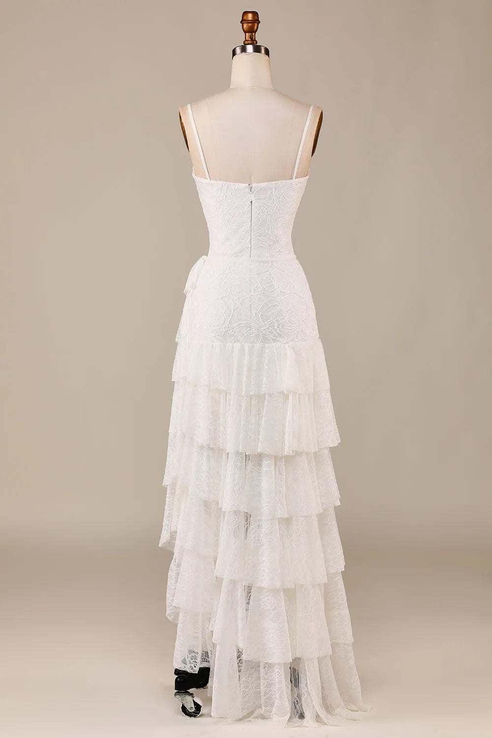 Spaghetti Straps Ivory Lace Asymmetrical Detachable Train Boho Wedding Dress