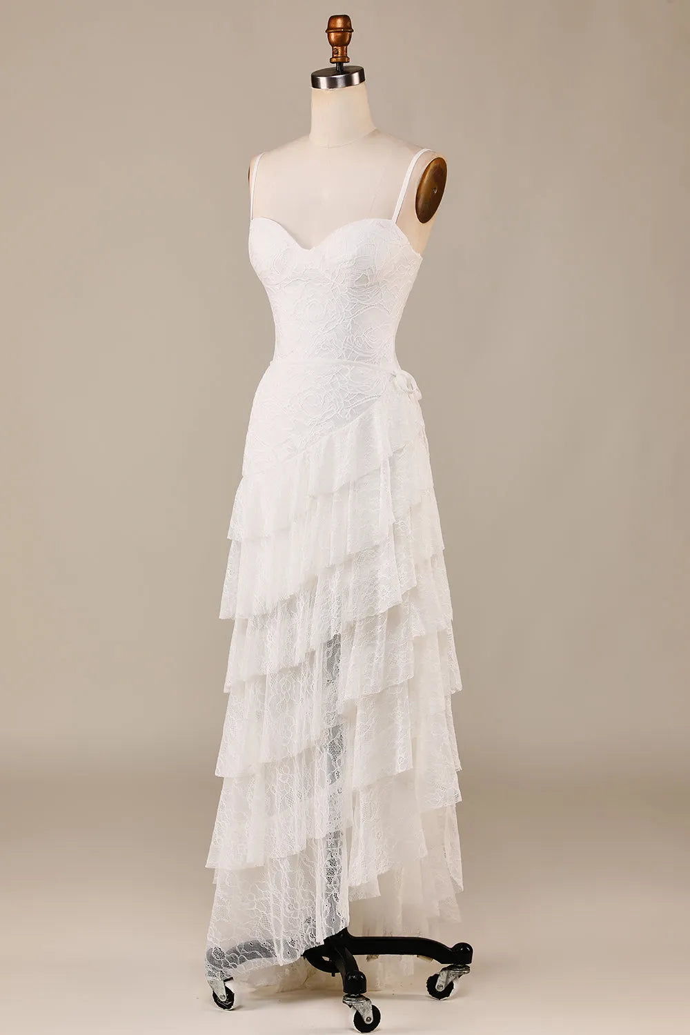 Spaghetti Straps Ivory Lace Asymmetrical Detachable Train Boho Wedding Dress