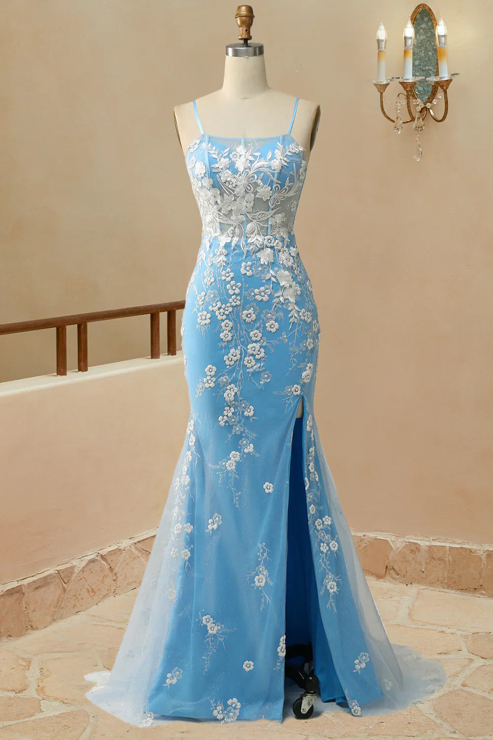 DingJiDress Romantic Spaghetti Straps Mermaid Slit Prom Dress With Appliques
