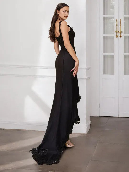 Spaghetti Straps Sleeveless Asymmetrical Mother of the Bride Dresses with Split Side Lace Sequin Applique