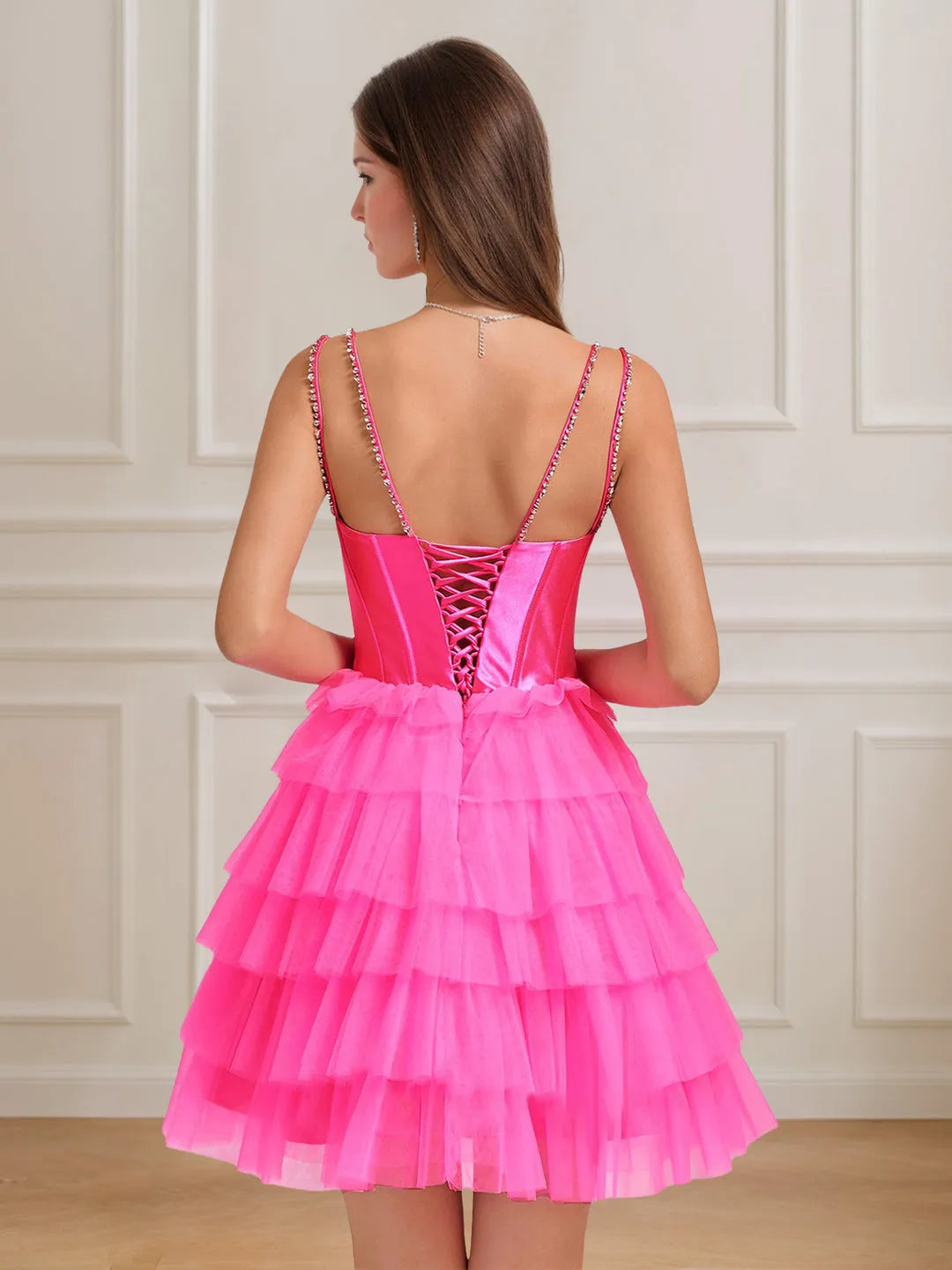 Spaghetti Straps Sleeveless Short/Mini Homecoming Dresses with Tiered Tulle Rhinestones Lace-Up