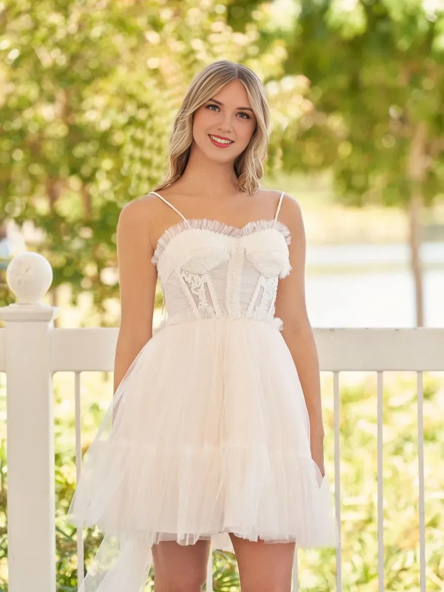 Spaghetti Straps Tulle Lace Appliques Short Homecoming Dresses With Bow