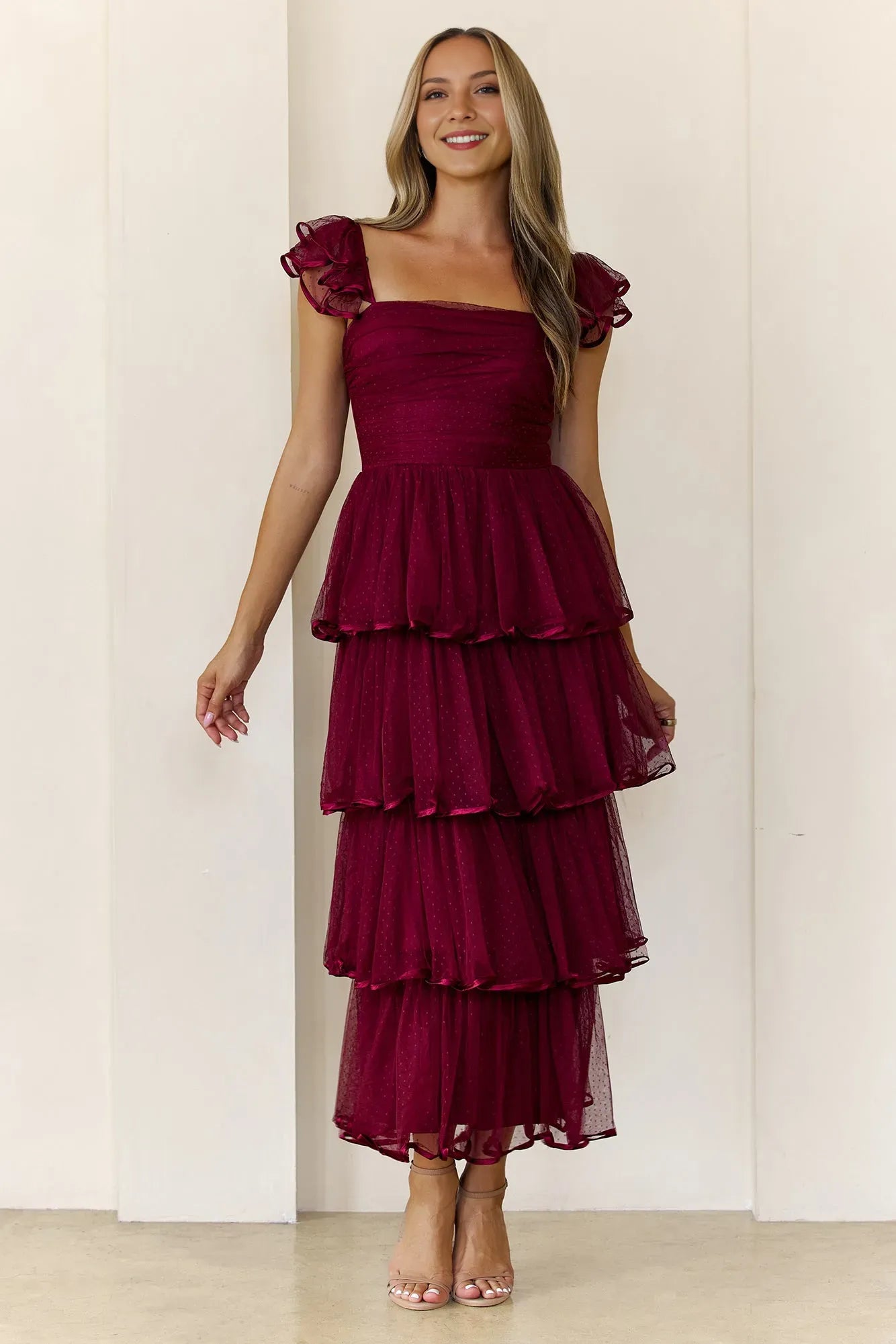 Sparkle A-Line Square Neck Ruffle Strap Back Zip Tiered Tulle Ankle-Length Prom Dresses