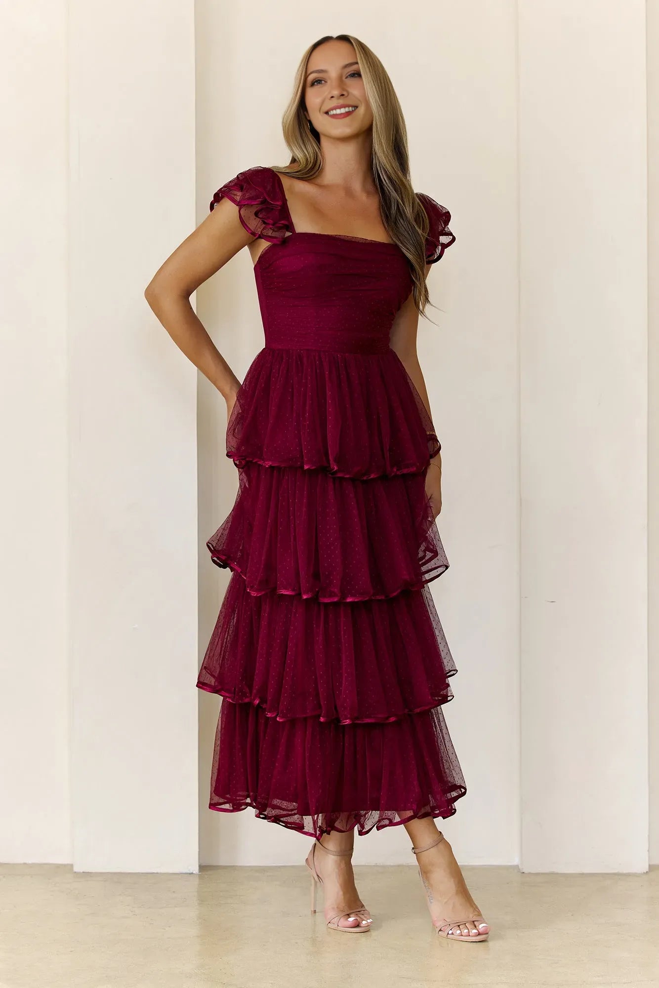 Sparkle A-Line Square Neck Ruffle Strap Back Zip Tiered Tulle Ankle-Length Prom Dresses