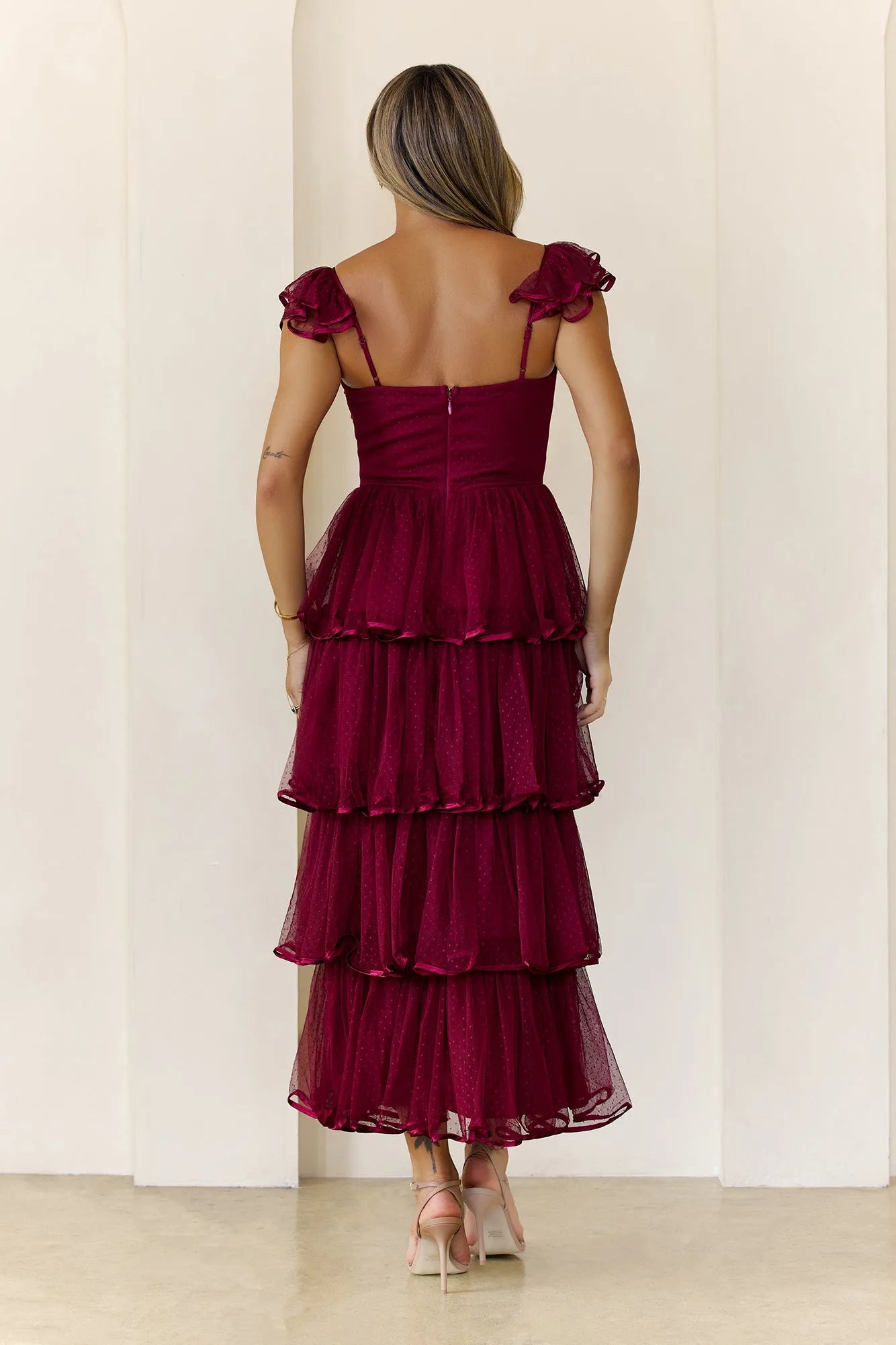 Sparkle A-Line Square Neck Ruffle Strap Back Zip Tiered Tulle Ankle-Length Prom Dresses