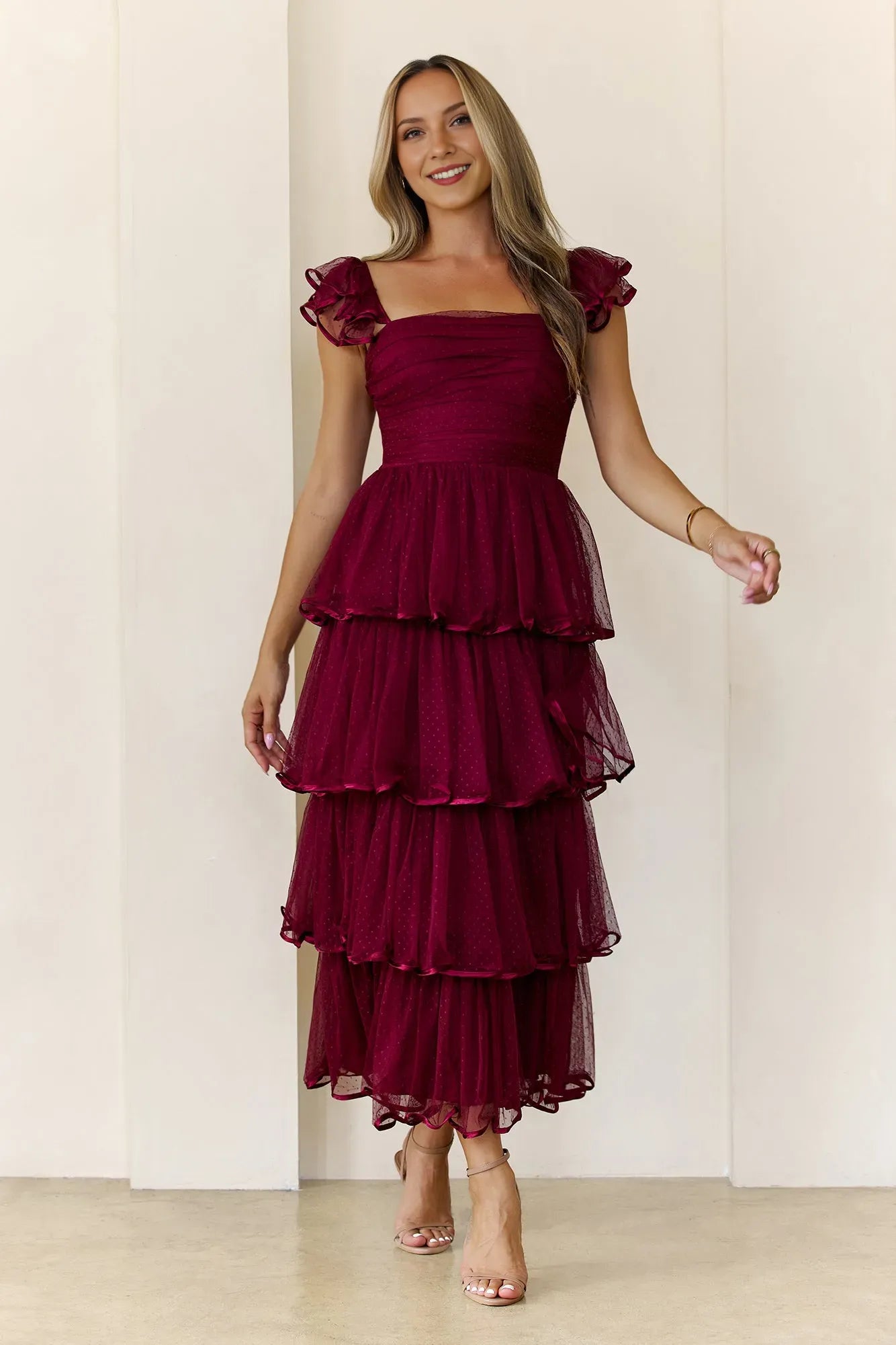 Sparkle A-Line Square Neck Ruffle Strap Back Zip Tiered Tulle Ankle-Length Prom Dresses