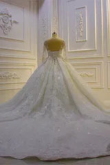 Sparkle Lace Appliques Long Sleevess Church Train Wedding Dress