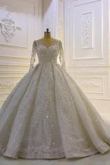 Sparkle Lace Appliques Long Sleevess Church Train Wedding Dress