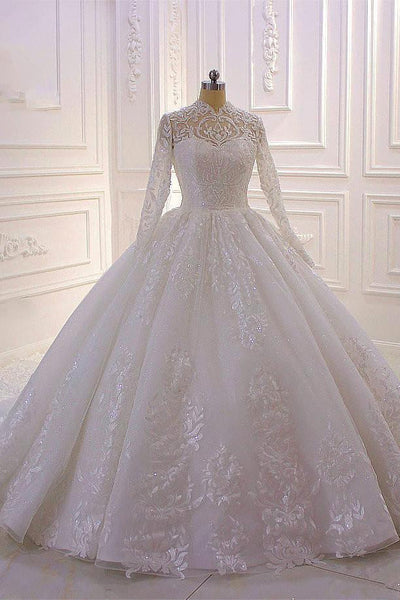 Luxury  A -Line Sparkle Illusion Long Sleeve Back Zip Watteau Train  mermaid Lace High Neck Tull Wedding Dress for bride hot sale