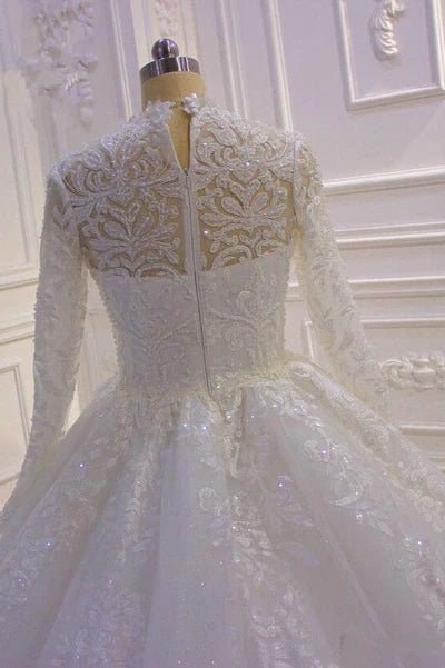 Luxury  A -Line Sparkle Illusion Long Sleeve Back Zip Watteau Train  mermaid Lace High Neck Tull Wedding Dress for bride hot sale