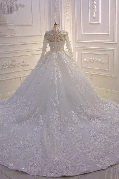 Luxury  A -Line Sparkle Illusion Long Sleeve Back Zip Watteau Train  mermaid Lace High Neck Tull Wedding Dress for bride hot sale