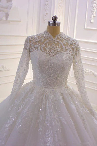 Luxury  A -Line Sparkle Illusion Long Sleeve Back Zip Watteau Train  mermaid Lace High Neck Tull Wedding Dress for bride hot sale