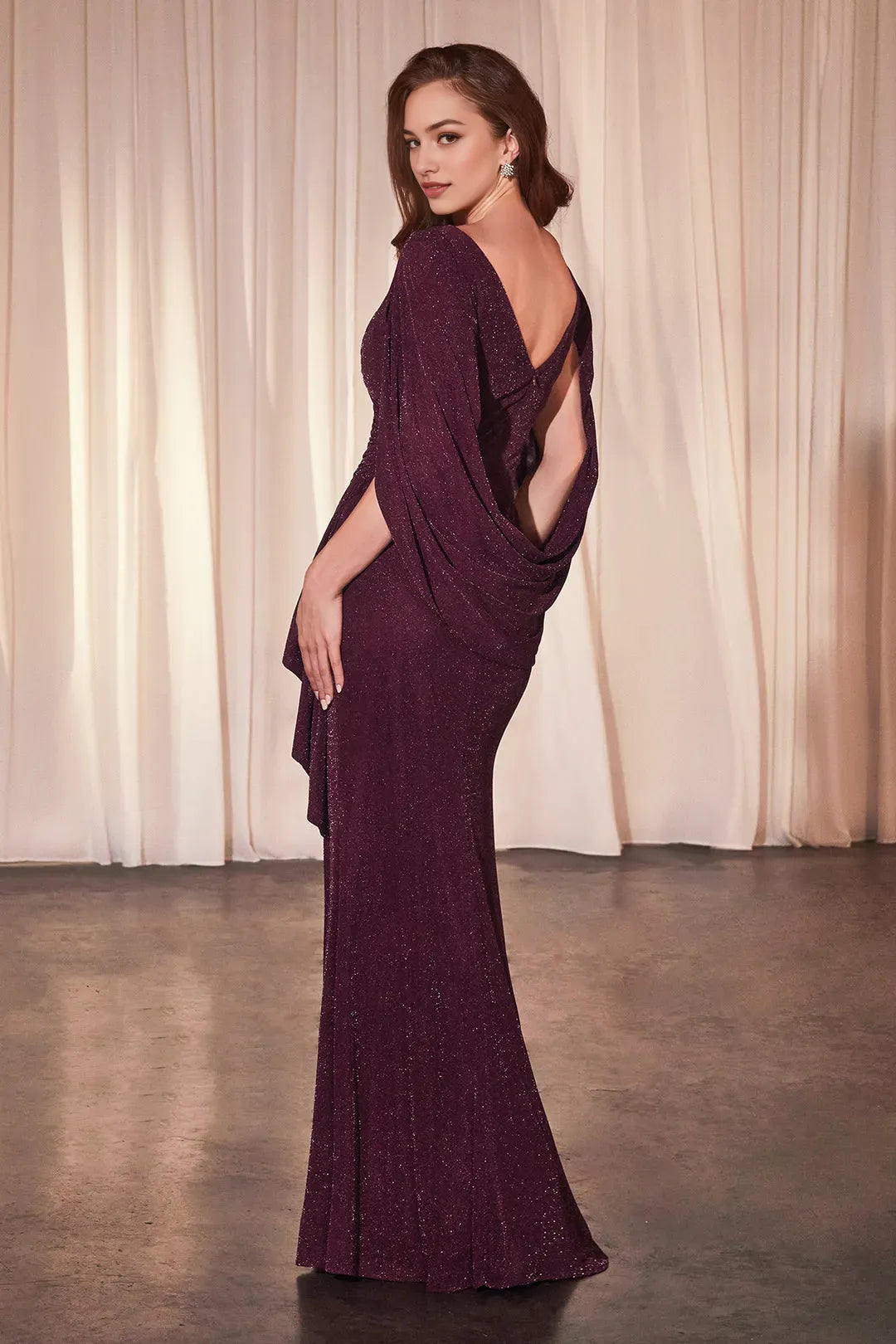 Sparkle Plum Prom Gown with V - Neck Draped Front Flared Sleeves and High Slit A Statement Piece for Luxury Ball Events