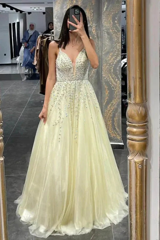 Sparkling A Line Deep V-Neck Beaded Champagne Floor Length Prom Dress For Women Hot Sale