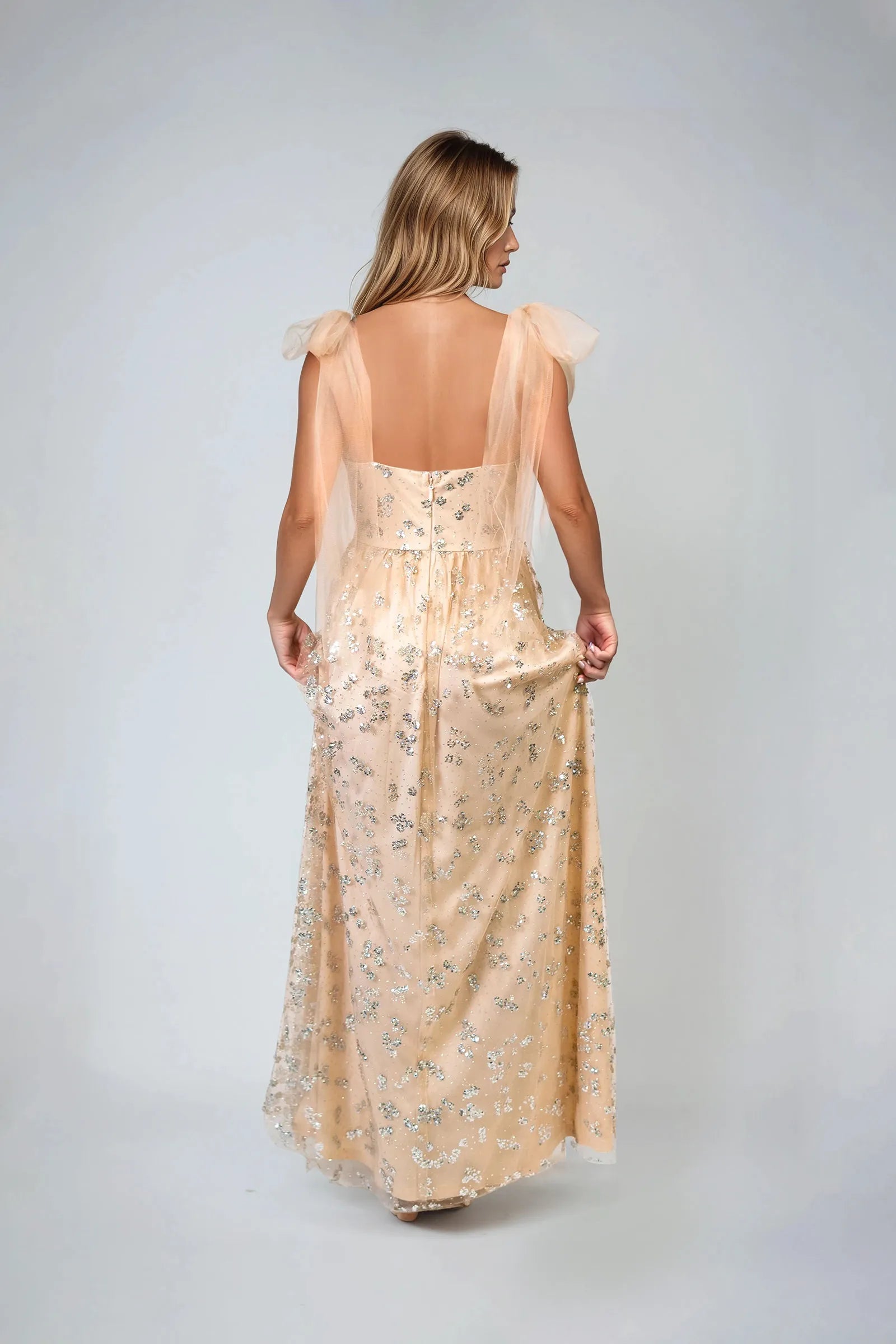 Sparkling Glitter A-Line Deep V-Neck Tie-Shoulder Sequin-Embellished High-Slit Tulle Prom Dresses