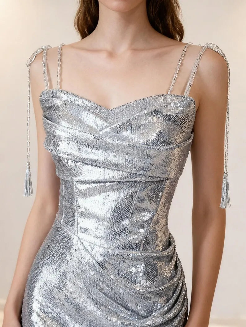 Sparkling Glitter Mermaid Cowl Neckline Sleeveless Sequin Lace-Up Floor-Length Prom Dress