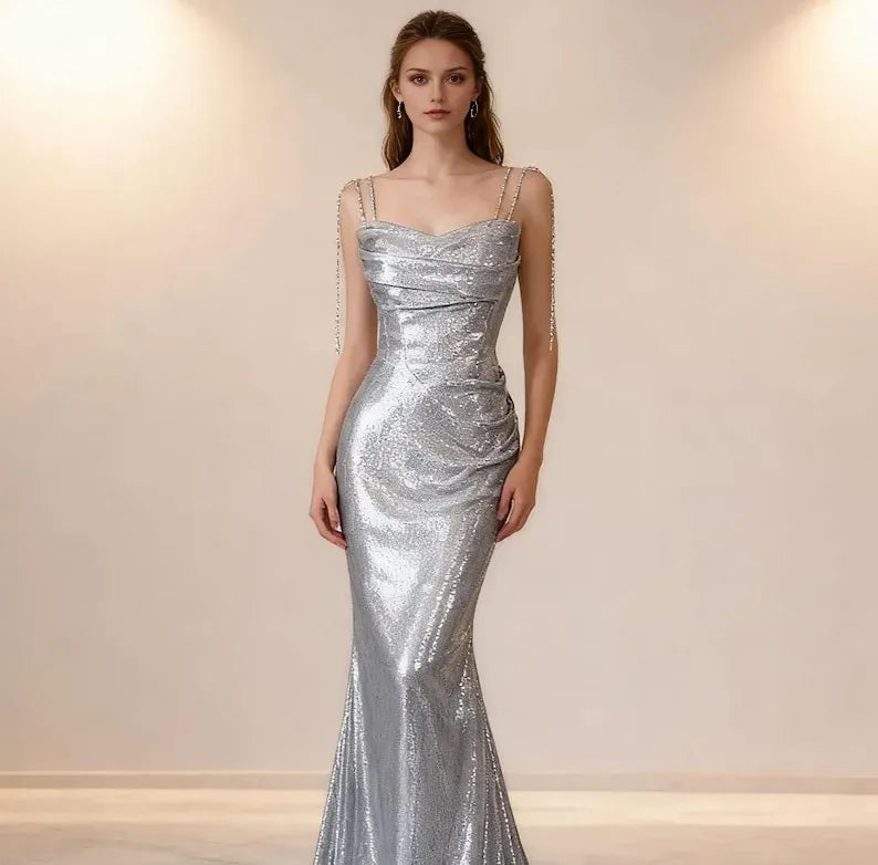 Sparkling Glitter Mermaid Cowl Neckline Sleeveless Sequin Lace-Up Floor-Length Prom Dress