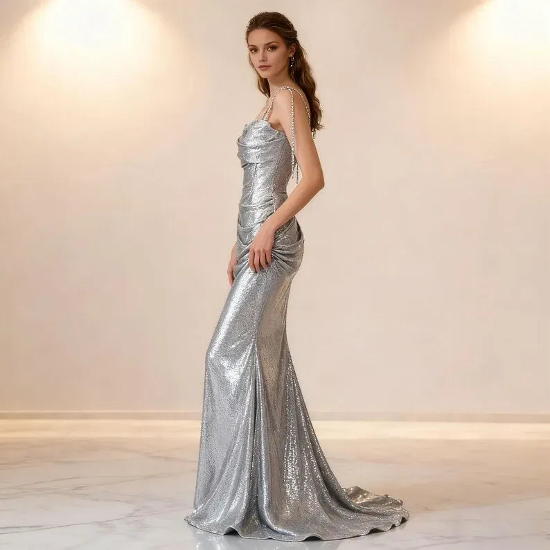 Sparkling Glitter Mermaid Cowl Neckline Sleeveless Sequin Lace-Up Floor-Length Prom Dress