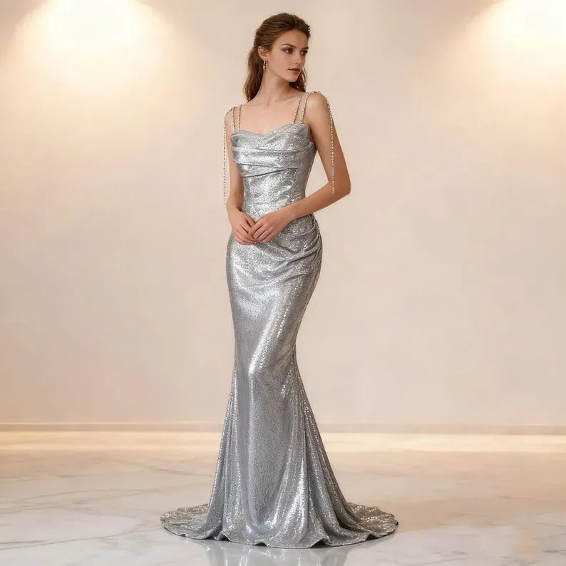 Sparkling Glitter Mermaid Cowl Neckline Sleeveless Sequin Lace-Up Floor-Length Prom Dress