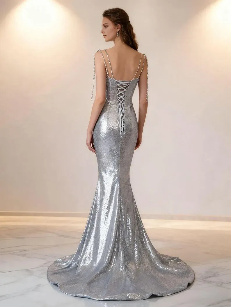 Sparkling Glitter Mermaid Cowl Neckline Sleeveless Sequin Lace-Up Floor-Length Prom Dress