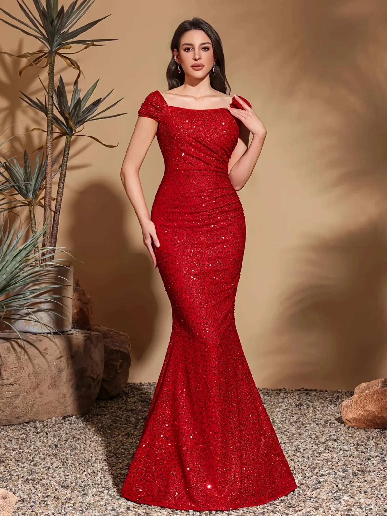Sparkling Mermaid Off-Shoulder Ruched Sequin Red Floor-Length Evening Dress