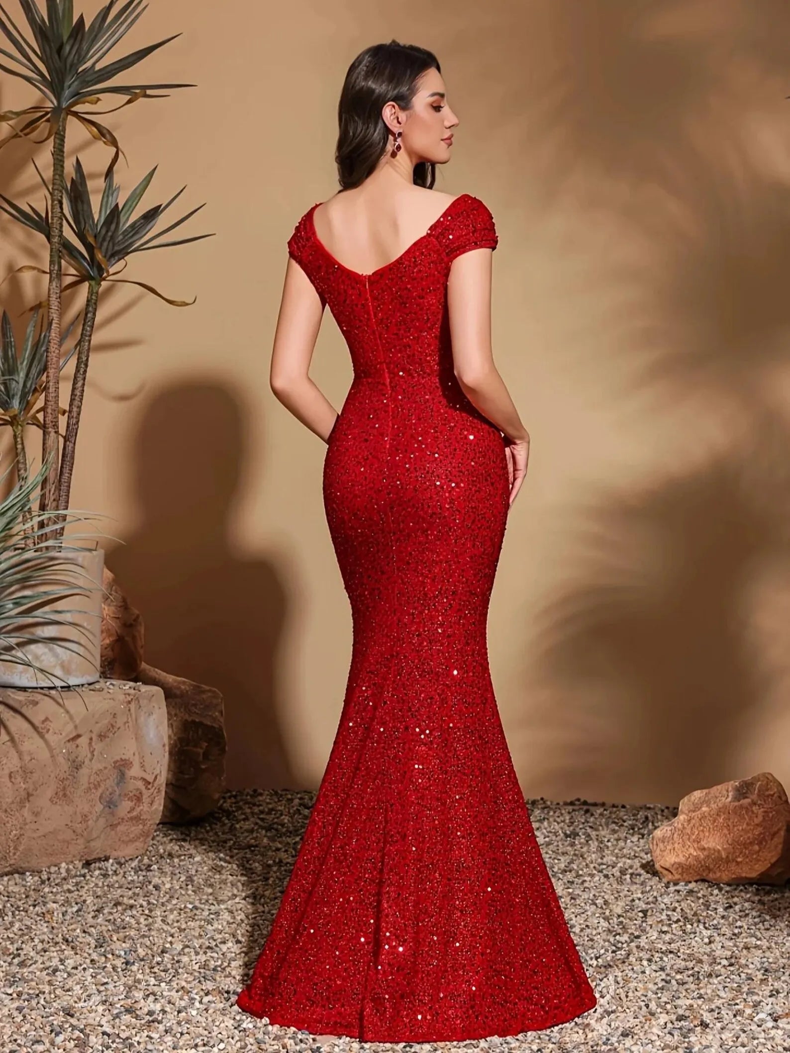 Sparkling Mermaid Off-Shoulder Ruched Sequin Red Floor-Length Evening Dress