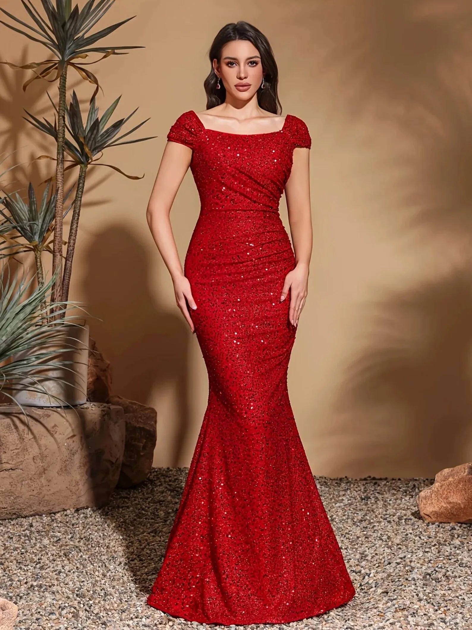 Sparkling Mermaid Off-Shoulder Ruched Sequin Red Floor-Length Evening Dress