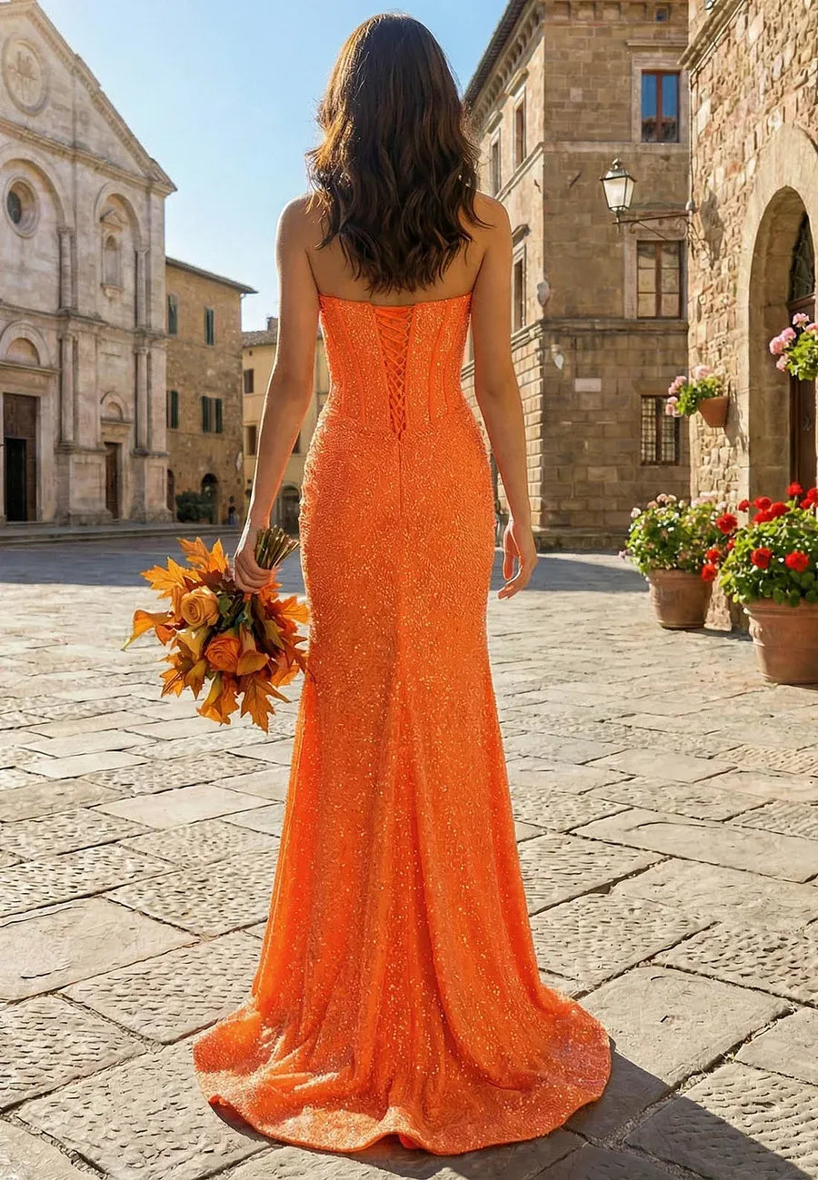 Sparkling Mermaid Strapless Corset Orange Floor Length Prom Dress With Rhinestones