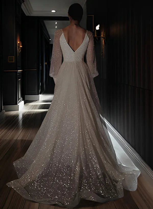 Sparkling Tulle Wedding Dress Deep V - Neck Sheer Lantern Sleeves High Side Slit