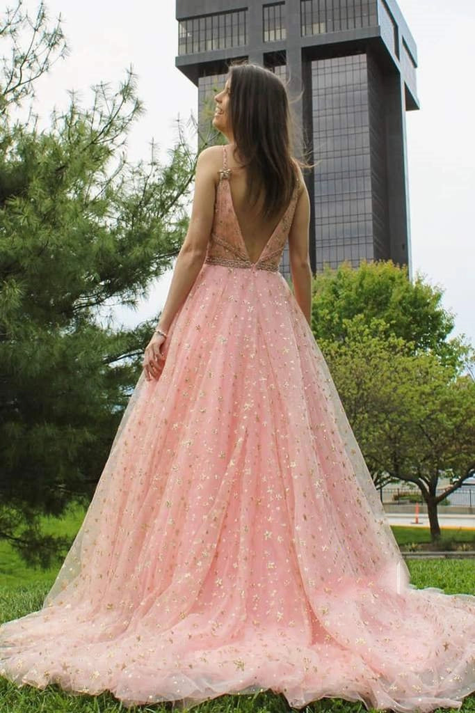 Sparkling V-Neck Sleeveless Glitter Blush Floor-Length Party Dress