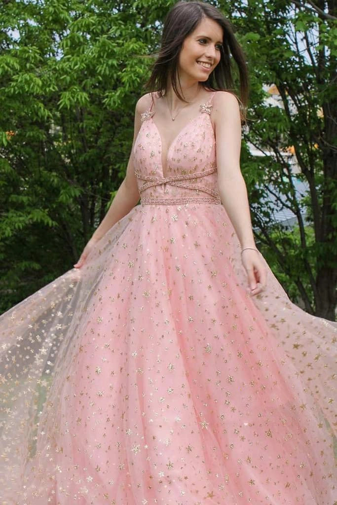 Sparkling V-Neck Sleeveless Glitter Blush Floor-Length Party Dress