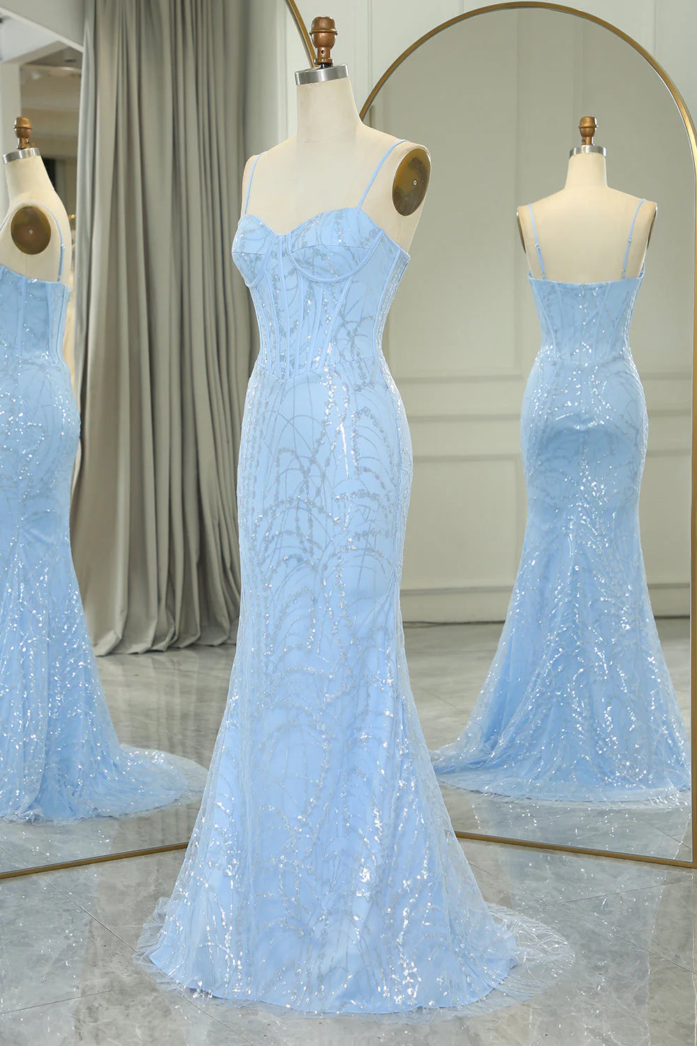 Sparkling light blue mermaid long ball dress with sequin decals