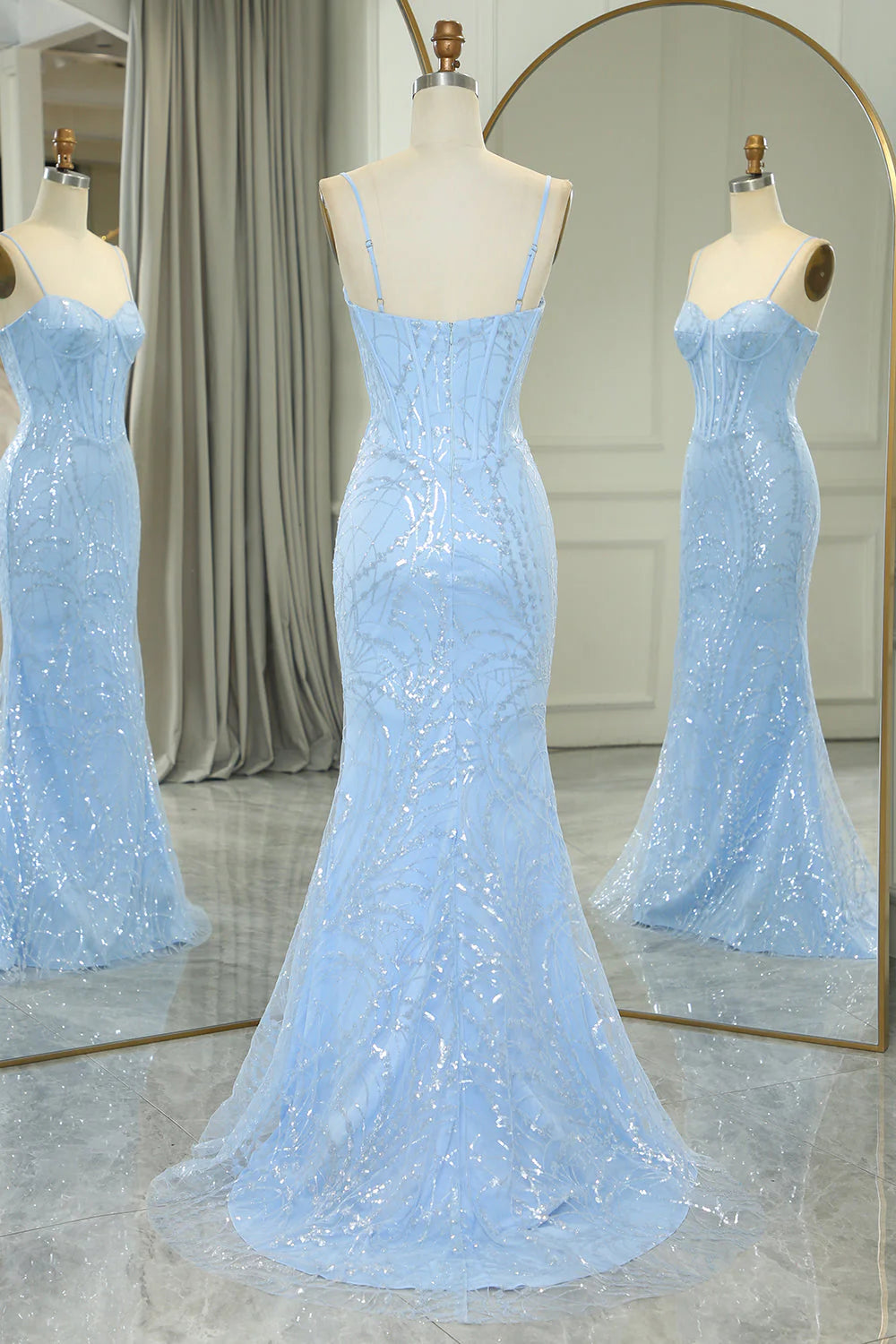 Sparkling light blue mermaid long ball dress with sequin decals