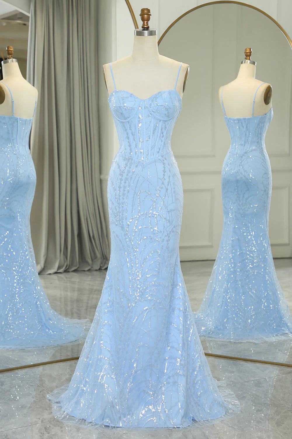 Sparkling light blue mermaid long ball dress with sequin decals