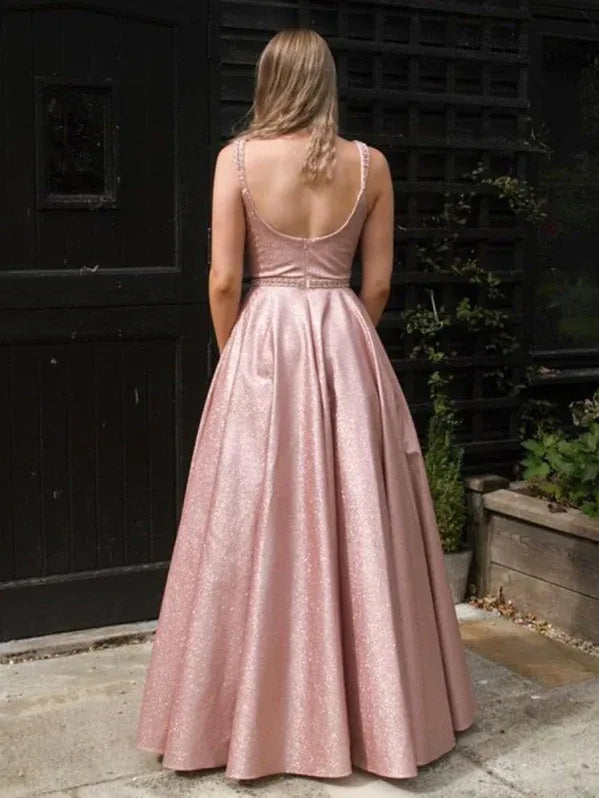 Sparkly A-line Square-neck Sleeveless Beaded Blush Floor-length Prom Dress for Women Ready to Ship