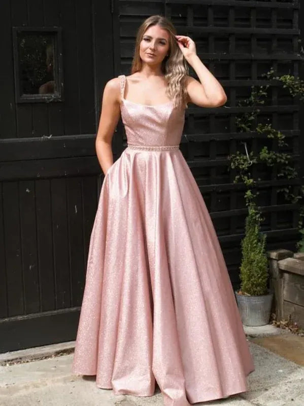 Sparkly A-line Square-neck Sleeveless Beaded Blush Floor-length Prom Dress for Women Ready to Ship