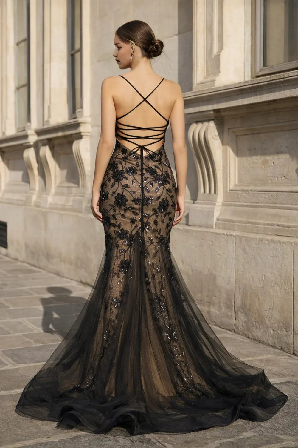 Sparkly Black Mermaid V-Neck Sleeveless Lace-Up Floor-Length Tulle  Prom Dresses With Floral Sequins