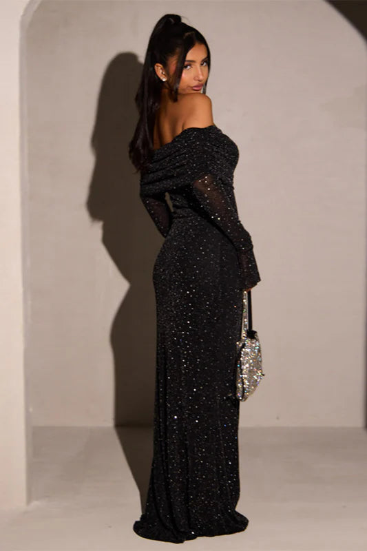 Sparkly Black Off - Shoulder Maxi Party Dress