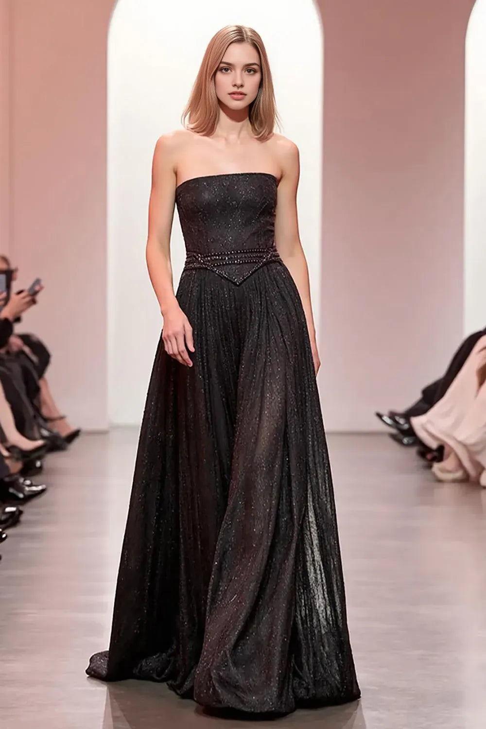 Sparkly Black Strapless Long A Line Evening Dress