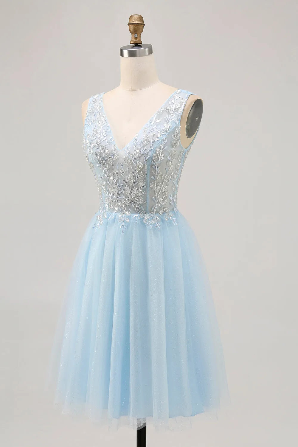 Sparkly Blue Beaded V-Neck Short Tulle Homecoming Dress