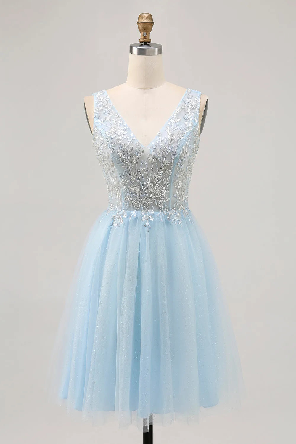 Sparkly Blue Beaded V-Neck Short Tulle Homecoming Dress