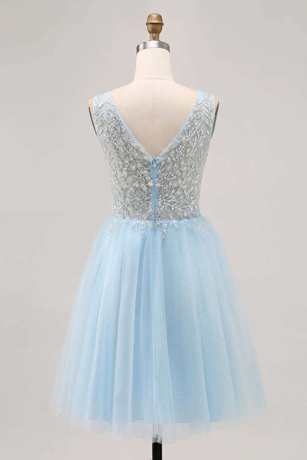 Sparkly Blue Beaded V-Neck Short Tulle Homecoming Dress