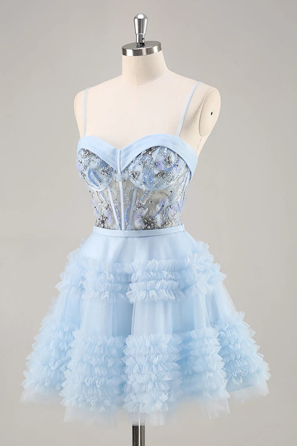 Sparkly Blue Corset Floral Ruffled Short Homecoming Dress with Beading ﻿