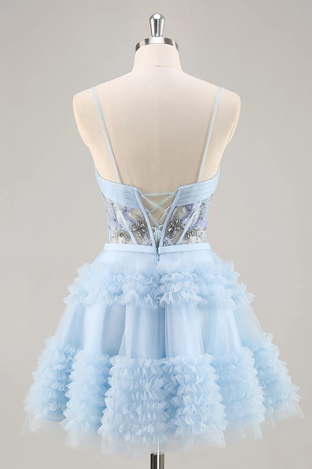 Sparkly Blue Corset Floral Ruffled Short Homecoming Dress with Beading ﻿