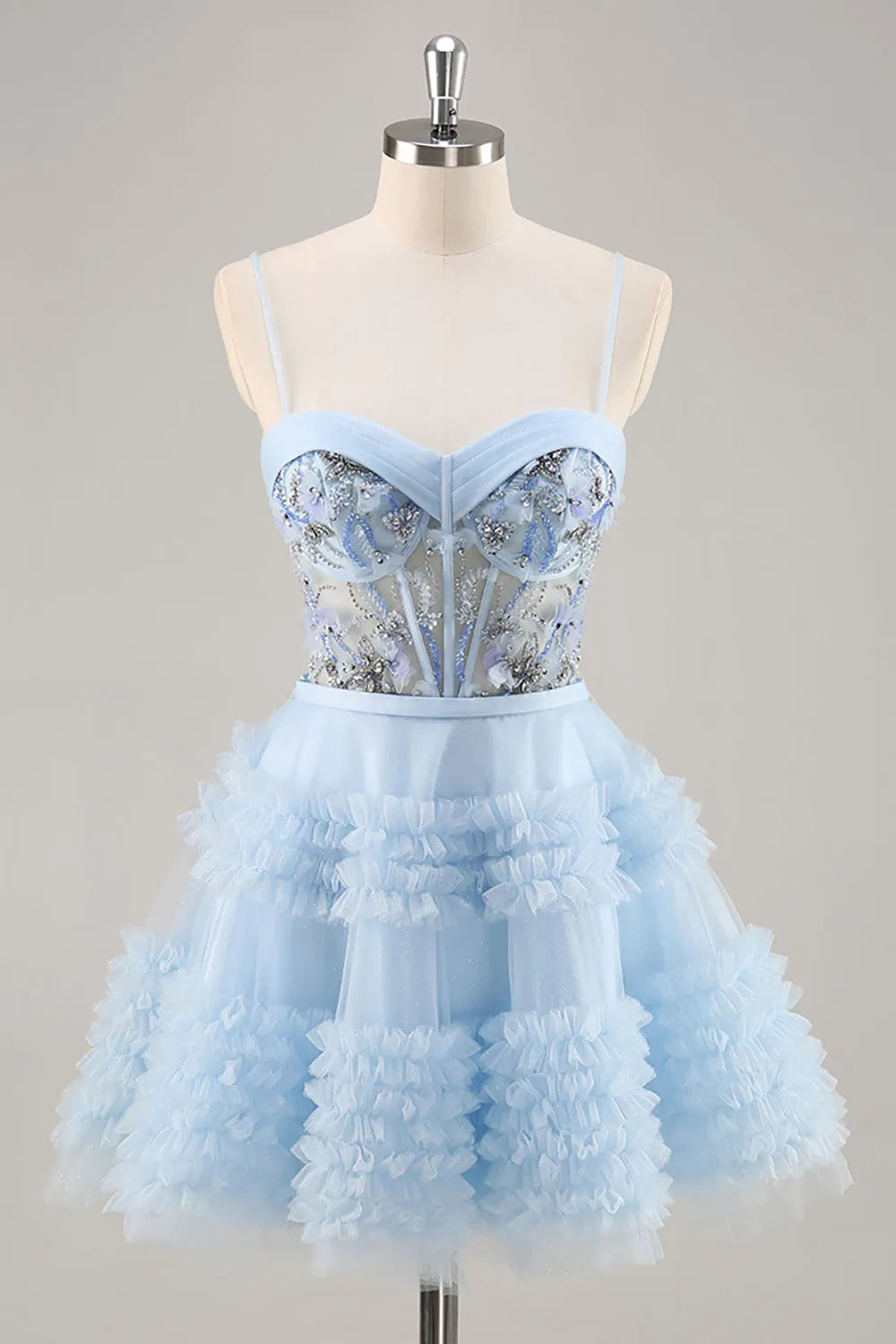 Sparkly Blue Corset Floral Ruffled Short Homecoming Dress with Beading ﻿